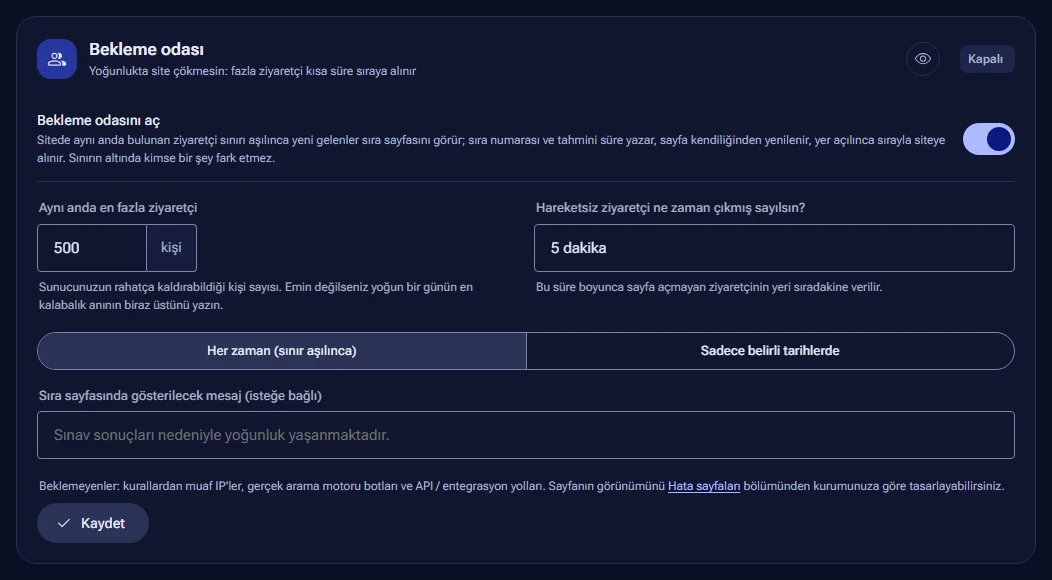 Bekleme odası ayarları