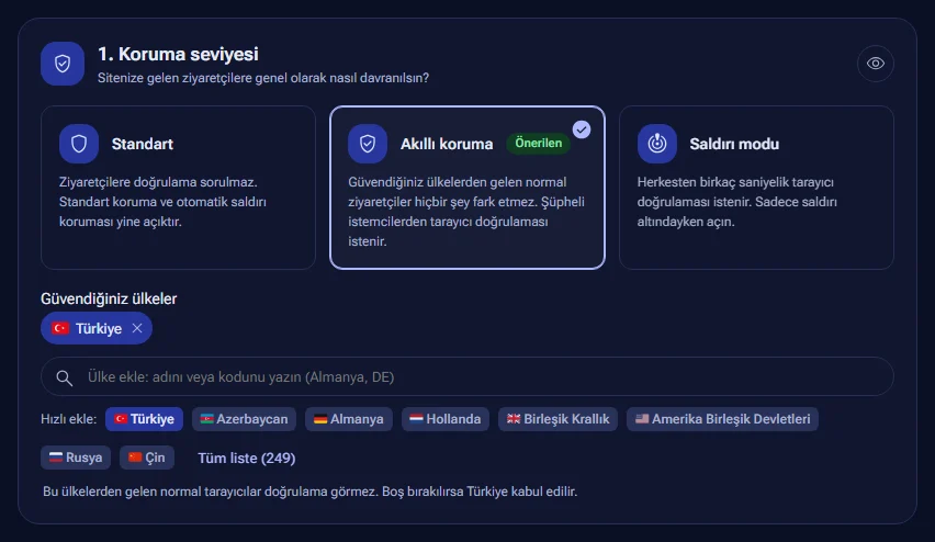 Koruma seviyesi seçimi